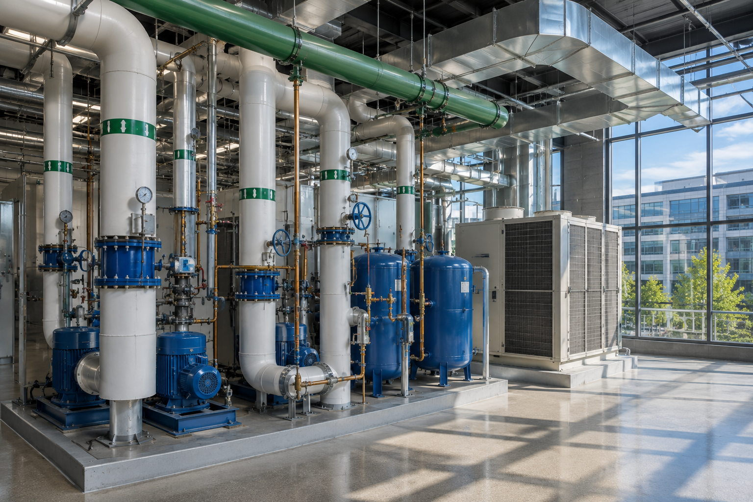 Building plant room hydronic circuit with a plate heat exchanger
